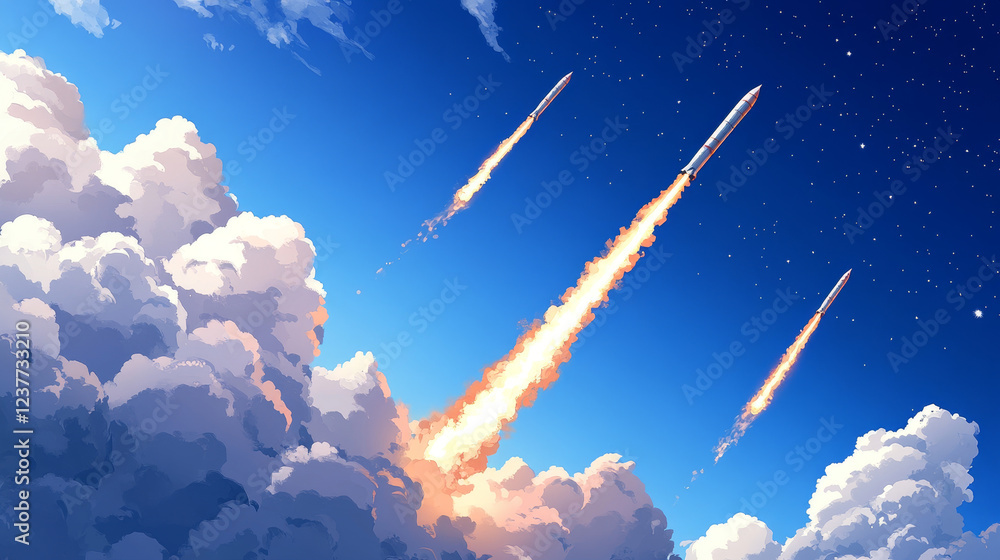 Poster cartoon rocket smoke trail clouds in sky or spaceship launch vector effects. rocket or spaceship lau
