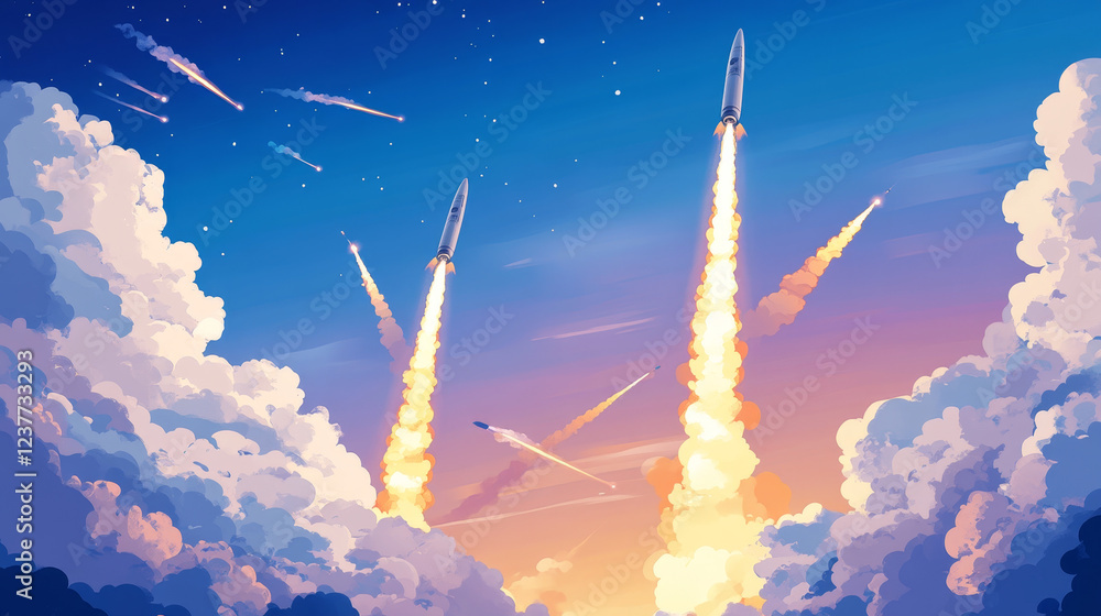 Aufkleber cartoon rocket smoke trail clouds in sky or spaceship launch vector effects. rocket or spaceship lau