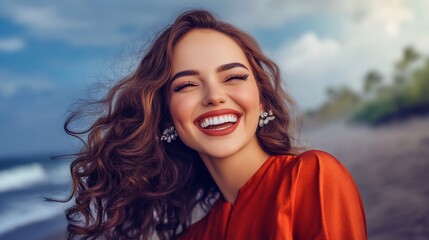 Naklejka premium woman red dress laughing beach ocean happiness