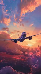An Airplane Flying in the Sky at Sunset with Beach Below. AI generated illustration.