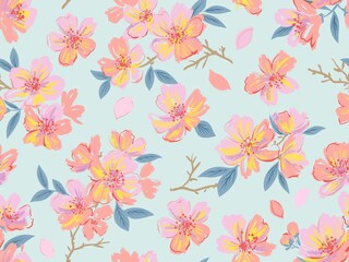 A seamless pattern of abstract cherry blossoms. Hand-painted cherry blossom wallpaper for spring.
