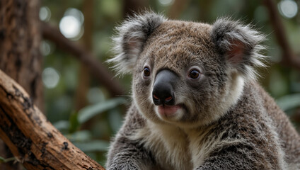 Fototapeta premium A close up view of a Koala looking forward. The animal has gray fur and stands out against a blurred foliage background. This image is in the 