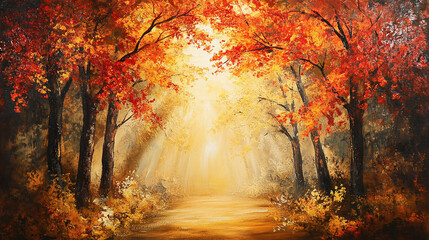 Fototapeta premium A beautiful autumn forest scene, the golden and red leaves of the trees creating a vibrant canopy, with sunlight filtering through