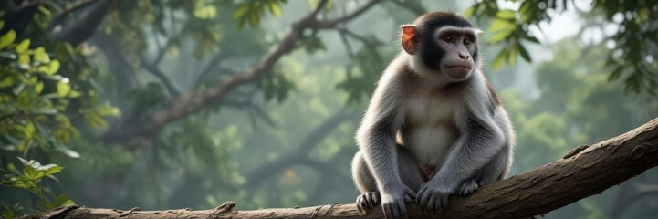 Roloway monkey perched on branch, looking around ,  foliage,  leafy
