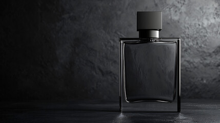 Elegant black perfume bottle mockup with a sleek glass design, set against a dark textured surface with moody lighting. Ideal for luxury branding, fragrance packaging, and product presentations