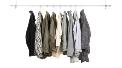 Clothes hanging on a clothing rack with transparent background