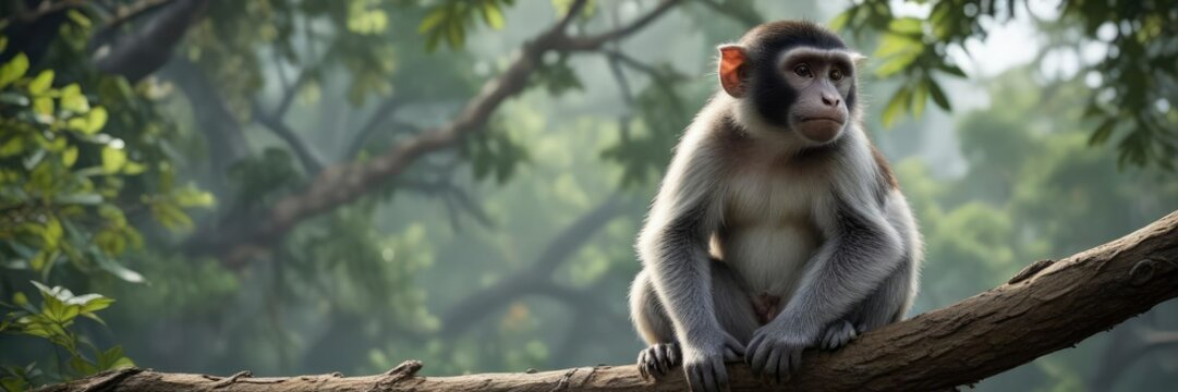Roloway monkey perched on branch, looking around ,  foliage,  leafy