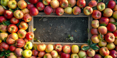 Draufsicht auf einen Rahmen aus verschiedenen Äpfel. Webebanner - Postkarte- Werbeschild für Äpfel. Gesundheit - Apfelplantage