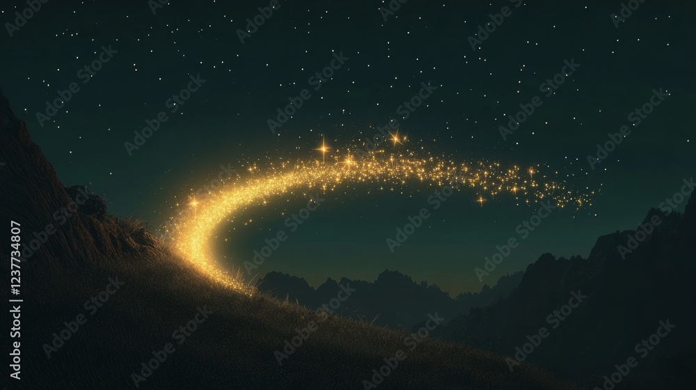 Poster magic arc, vector light effect of shining beam or shooting star abstract curve with sparkles. 3d cur