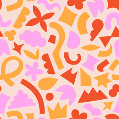 Seamless pattern with funny abstract geometric shapes of different colors. Vector graphics.