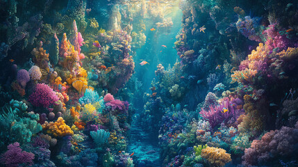 A beautiful coral reef aquarium, vibrant colors, and sea creatures coexisting peacefully, creating a stunning underwater landscape.