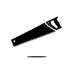 Saw Icon: A black silhouette of a saw with a handle and teeth,  rendered in a minimal and modern style, perfect for representing the concept of construction, DIY, or craftsmanship. 