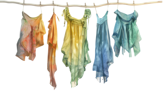 Colorful summer clothes hanging on a wooden branch with transparent background