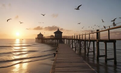Obraz premium Seagulls circling above a fishing pier at daybreak, wildlife, seagulls, ocean