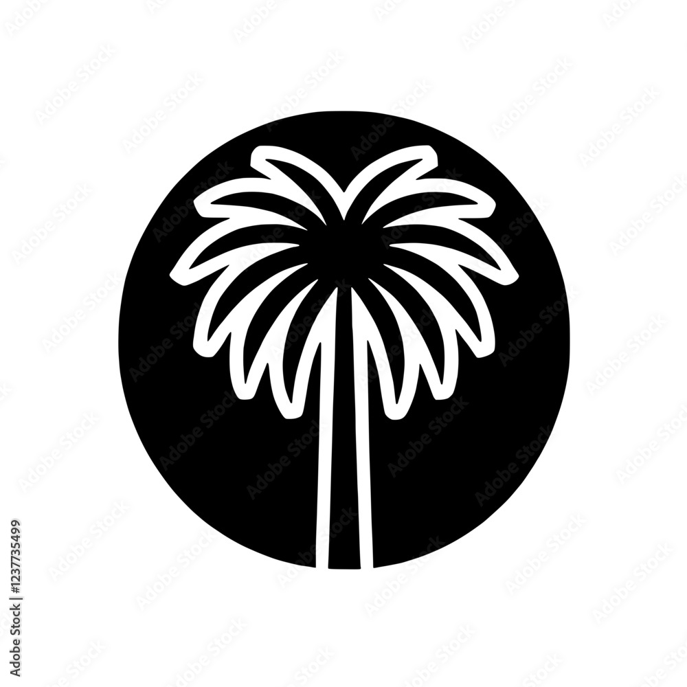 Poster tropical palm tree icon: a simple yet striking silhouette of a palm tree in a circular frame. perfec