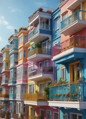 Obraz premium Seaside houses with brightly colored balconies, house front,
