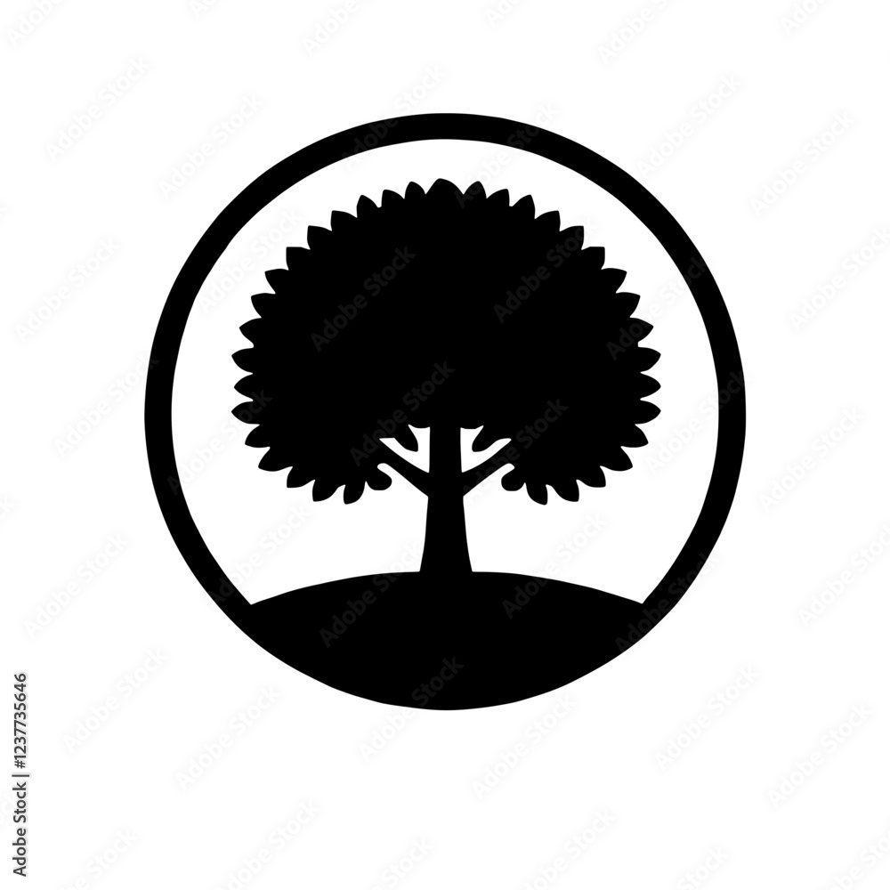 Poster tree in a circle: a minimalist silhouette of a tree standing tall within a circle, symbolizing growt
