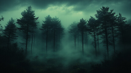 Mysterious fog enveloping a dark forest at dusk under gloomy skies