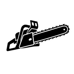 Chainsaw Icon: A bold, black and white vector illustration of a chainsaw, perfect for construction, forestry, or industrial design projects. The detailed icon is sharp and easily scalable.