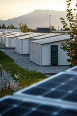 Naklejka premium Battery containers stacked in an industrial zone near a wind turbine field
