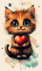 Fototapeta premium Cute Kitten Holding Heart Balloon Watercolor Art Adorable Pet