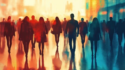 A group of people walking down a street