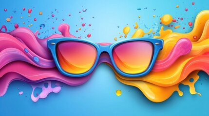 Blue sunglasses in colorful paint splash, summer ad