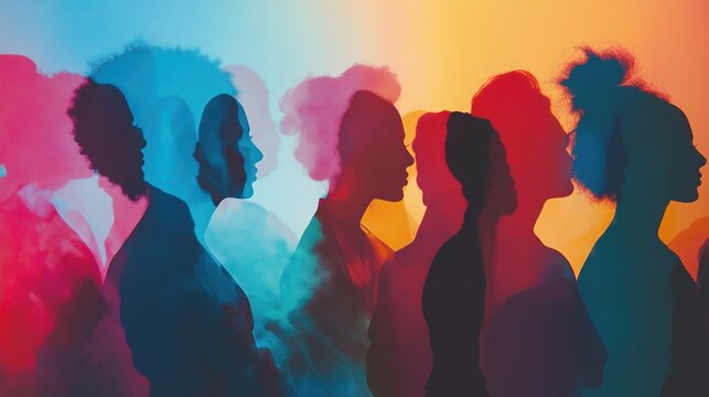 A group of people are silhouetted against a colorful background