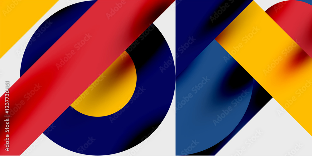 Poster modern abstract background featuring circles, lines, and triangles in a dynamic geometric compositio