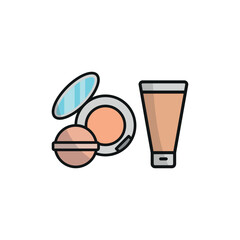 Powder puff and foundation bottle set beauty salon icon in flat style, featuring a soft powder puff and an elegant foundation bottle, perfect for makeup and beauty themes.