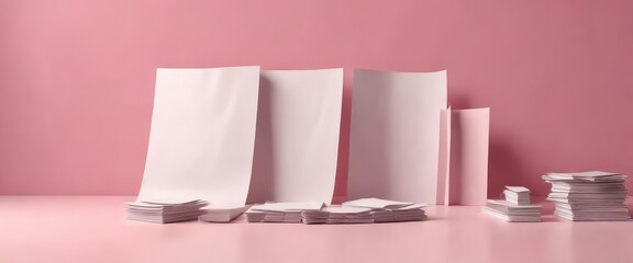 Simplistic arrangement of papers on pink backdrop, arrangement, office work, spread