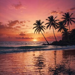 Idyllic Tropical Sunset Over a Beach with Palm Trees and Calm Ocean Waves