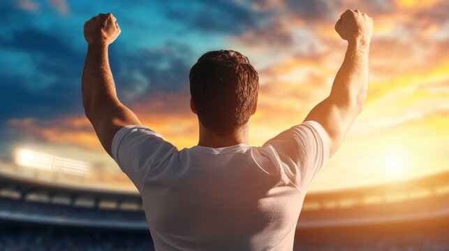 Success and Achievement Person raising their arms in victory, stadium background, symbolizes triumph and overcoming challenges