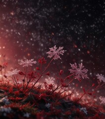 Small delicate snowflakes falling gently in the darkness of a deep crimson night sky, winter magic, peaceful evening