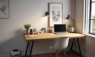 Small desk with plenty of free space and natural light, empty desktop, productivity tools, organized workspace