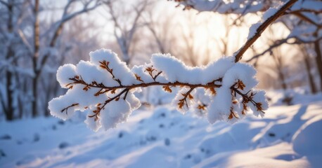 Snow-covered branch stretching towards sunlight, winter, tree, branch