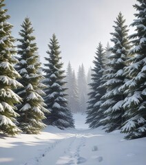 Obraz premium Snow-covered evergreen trees in a serene winter landscape, winter wonderland scenery, frosty forest, frozen trees