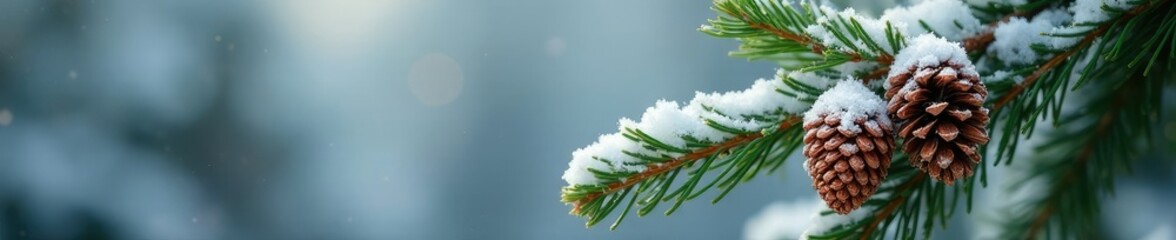 Fototapeta premium Snow-covered pinecones on a Christmas tree branch, branch, rustic