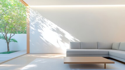 Living room Modern Furniture Living room with sleek, gray sofa, minimalist coffee table, and modern artwork, open floor plan, natural light
