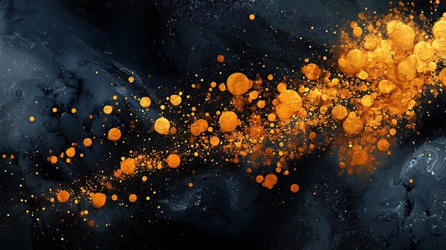 Golden particles swirling in dark fluid abstract background design