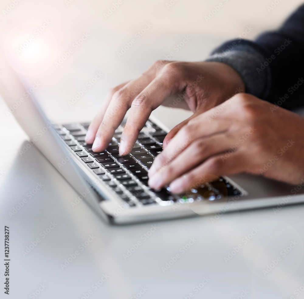 Aufkleber Man, laptop and hands for programming code in office, web development and online for writing html. Male person, typing and software update in workplace, cpu system and website for project efficiency