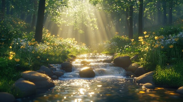 Sunbeams illuminate forest stream, flowers bloom, serene nature scene, perfect for relaxation