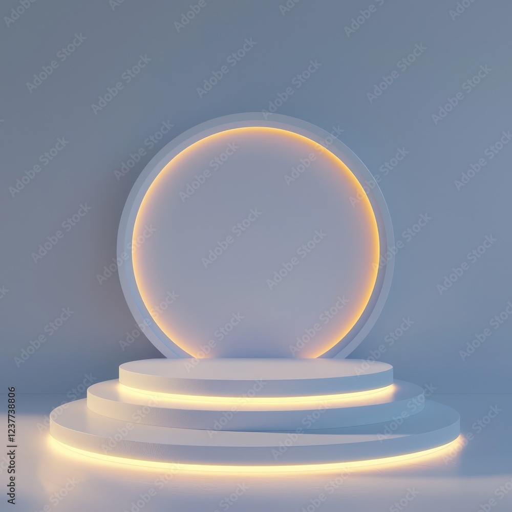 Poster frosted edges on a layered circular podium glow subtly within a clean, minimalist setting.