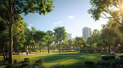 Public park and high-rise buildings cityscape in metropolis city center . Green environment city and downtown business district in panoramic view. AI generated illustration
