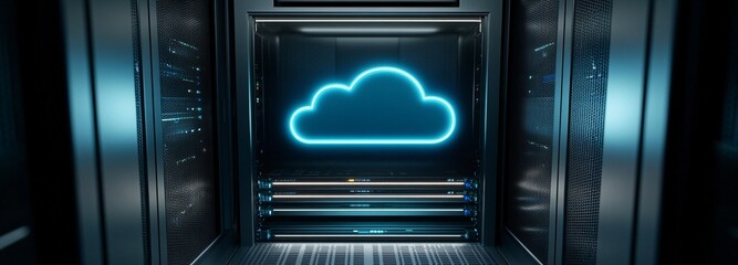 Cloud technology combined with a contemporary data center concept in a futuristic setting