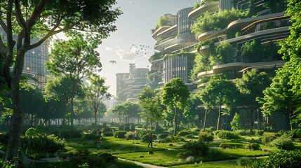 Public park and high-rise buildings cityscape in metropolis city center . Green environment city and downtown business district in panoramic view. AI generated illustration