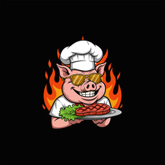 Chef Pig Grilled Steak, Flaming Grill, Cartoon Style