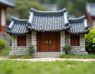 Obraz premium Detailed miniature Korean traditional house surrounded by lush green grass