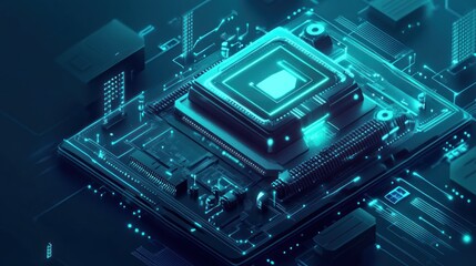 Abstract 3D render of a circuit board with a central processor