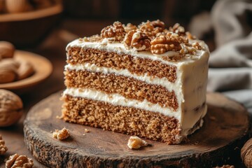Delicious Walnut Cake Slice Creamy Frosting Layers